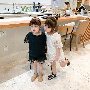 

Kids 2020 Summer New Short Sleeve Solid Color Flower Tops with Short Two Piece Suits Girls Embroidered Fashion Sets for Children