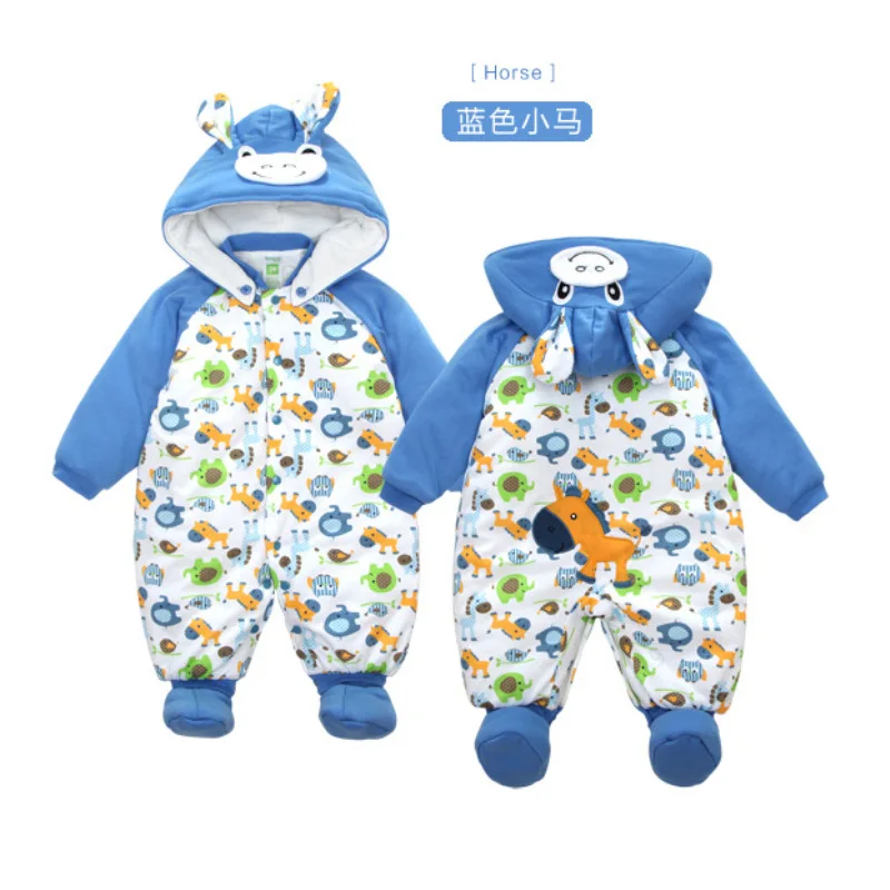 Blue Horse Одежда из хлопка для новорожденных; цельная теплая осенне-зимняя одежда с капюшоном для малышей; комбинезон с изображением животных; стиль Тоторо; пингвин - Цвет: Blue Horse