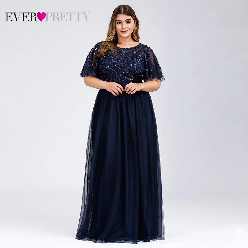 Navy Blue Вечерние платья с блестками размера плюс, элегантные вечерние платья трапециевидной формы с круглым вырезом из тюля, Vestido Noche Elegante - Цвет: Navy Blue