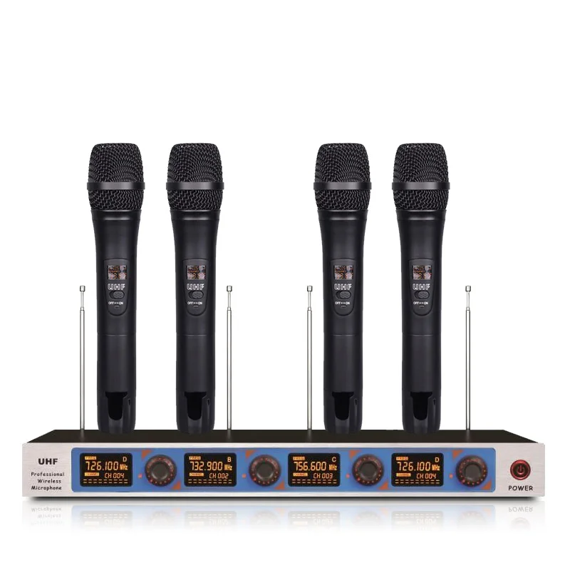 

VHF channel wireless microphone system and metal handheld microphone are used for karaoke church stage at night.