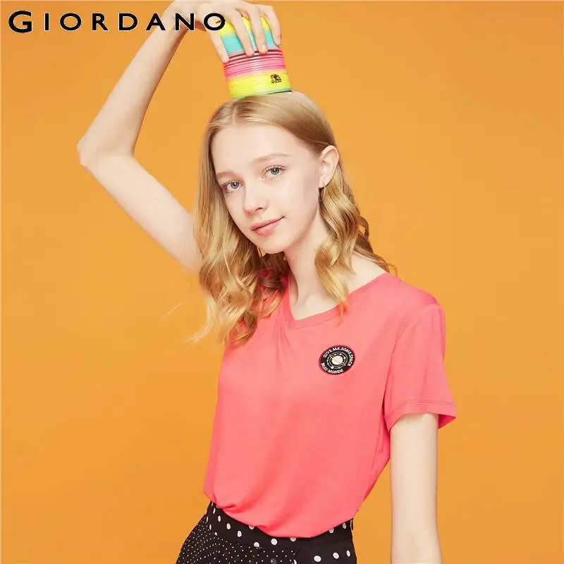 Giordano женская футболка с коротким рукавом Футболка бейджем v образным вырезом