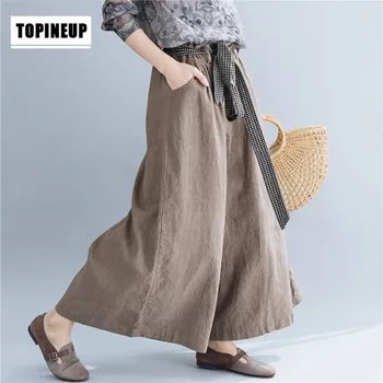 

2019 Autumn Women Casual Loose Wide Leg Pants Cotton Linen Trousers New High Waist Solid Color Female Trousers With Pockets