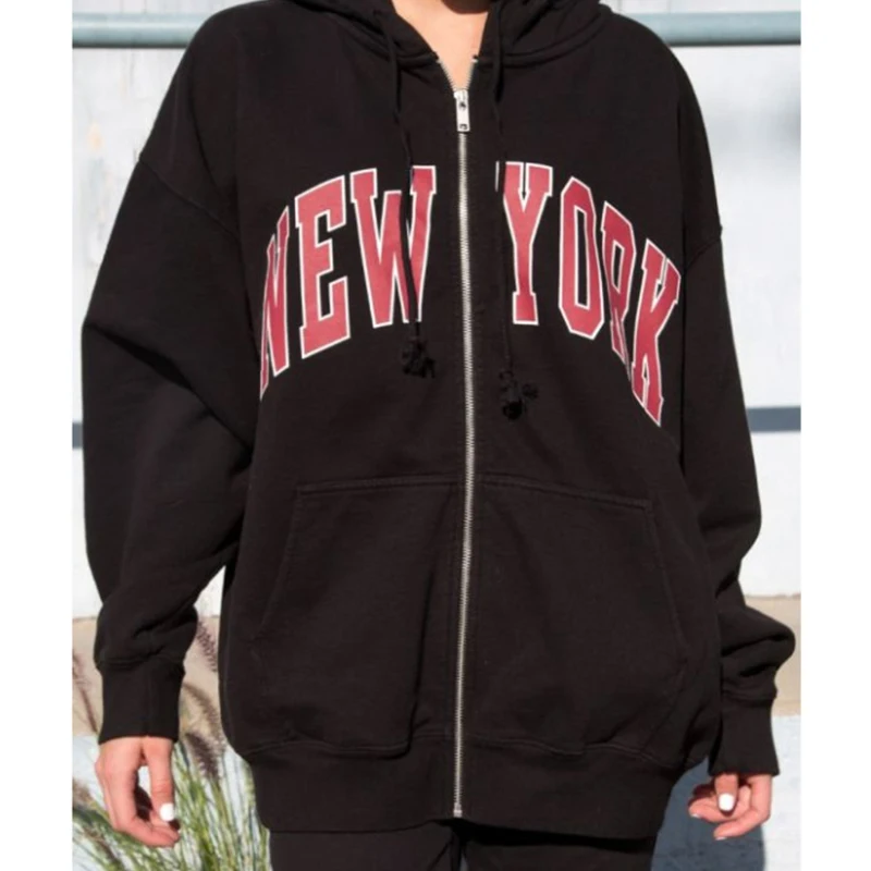 

NEW YORK Letter Print Black Zip Loose Casual Hooded Women Sweatshirt Long Sleeve Pocket Fashion Street Female Autumn New Design
