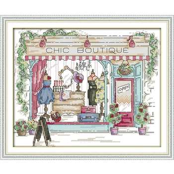 

Cartoon Chic Boutique Clothing Store Cross Stitch Kit 14ct 11ct Count Print Canvas Stitching Embroidery DIY Hand Needlework Gift