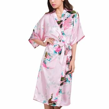 

Fashion Flower Print Women Robes Comfortable Silk Satin Kimono Robes Wedding Bride Night Dress With Pockets