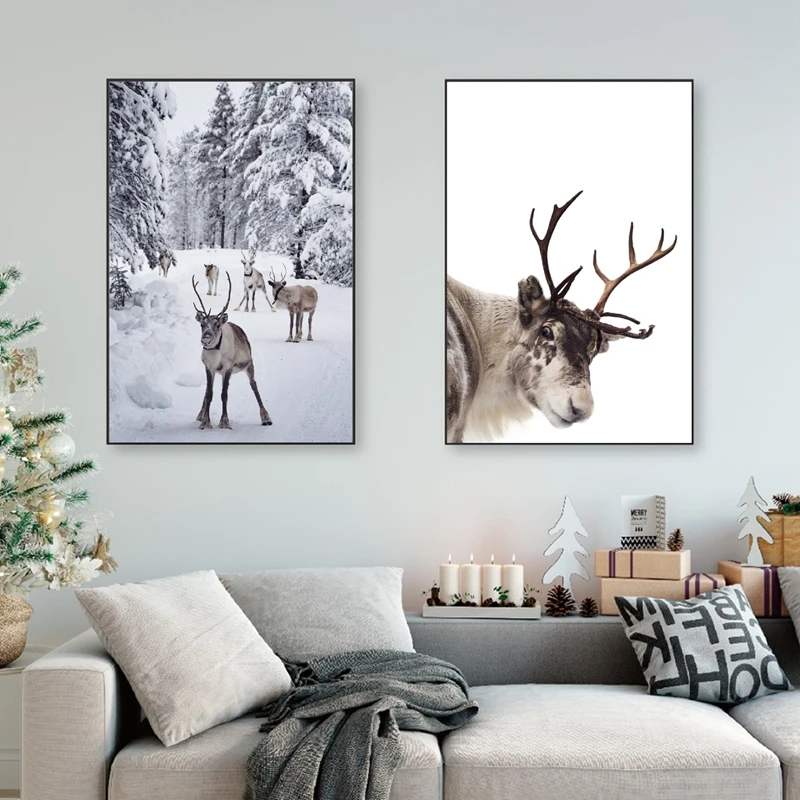 Плакат с оленями, принт на зимней стене, Картина на холсте, скандинавские рождественские снежные деревья, картина, домашний декор, Скандинавское искусство