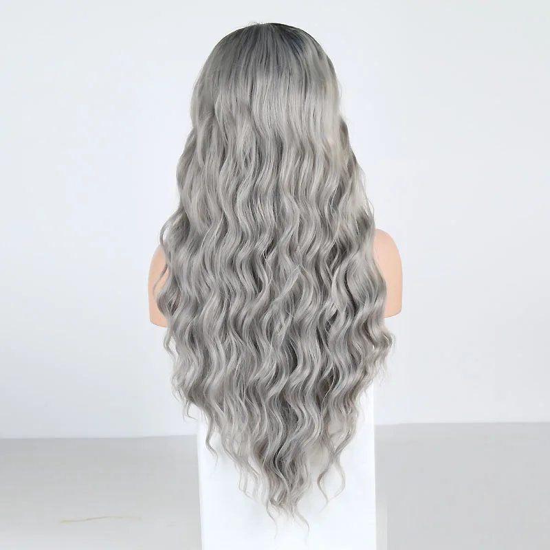 RONGDUOYI высокое температура волокно серый парик боковая часть кружева передние синтетические парики для женщин длинные Омбре серый волнистые косплей парик