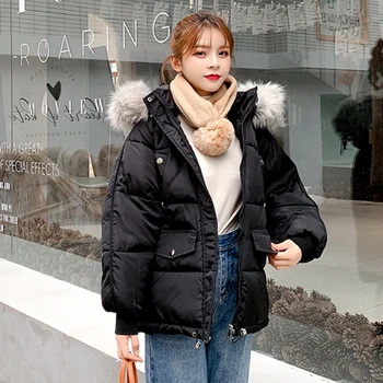 

Solid Fur Hooded BF Bread Down Coat Winter Thicken Warm Zipper Pocket Coat Jackets Female Plus Size Casual Simple Korean Outwear