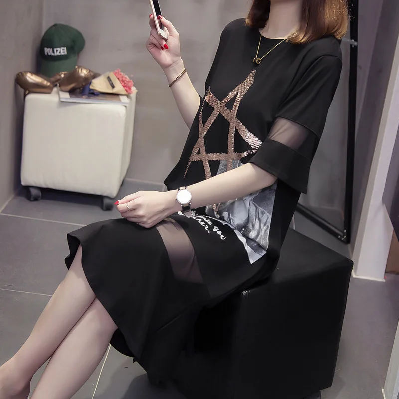 

M-5XL Ruffle Dress Women Clothes Summer 2020 Spring Star Sequin Embroidery Print Short Sleeve Patchwork Mesh Casual Dresses