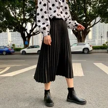 Женская плиссированная юбка с высокой талией, осенняя зимняя модная Свободная трикотажная юбка, однотонная повседневная юбка до середины икры