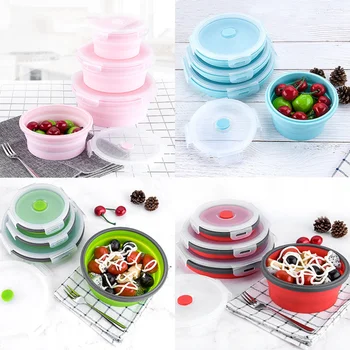 

Silicone Folding Round Lunch Box Set Bowl Food Storage Bento Container