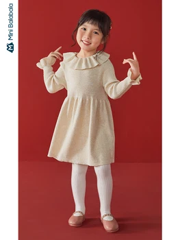 

Minibalabala Children dress girls lapel sweet long 2019 winter new knit big swing dresses