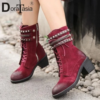 

DORATASIA Retro Lady Winter Round Toe High Heels Ankle Boots 2020 Flock Leisure Boots Women Buckle Brand Consise Shoes Woman