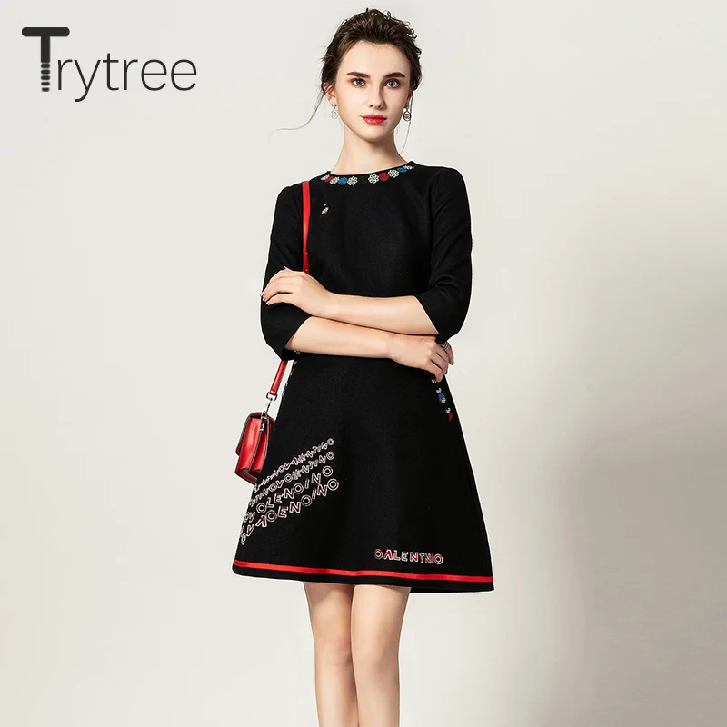 Trytree/осенне-зимнее женское платье, повседневное, Цветочный, круглый вырез, принт, изящный, темно-синий, платья, карманы, буквы, а-силуэт, офисное женское платье