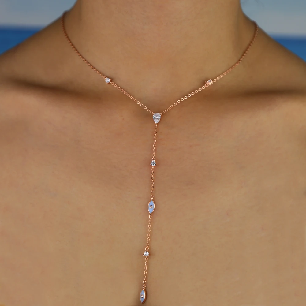 Evil Eye Charm Necklace enamel white cz link chain long Y lariat evil eye charm necklace