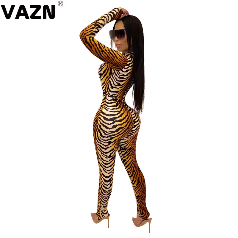 VAZN WYNZ8240, хит, новинка, тигровый принт, сексуальный, свободный, мягкий, круглый вырез, длинный рукав, высокая талия, женские, эластичные, обтягивающие, Длинные Комбинезоны
