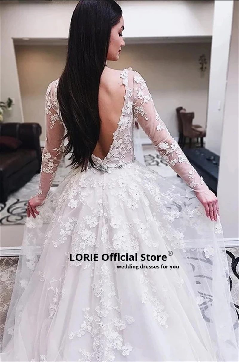 LORIE с длинным рукавом Кружева свадебное платье Иллюзия v-образным вырезом Свадебные платья с глубоким вырезом на спине трапециевидной формы принцесса пляж vestido de noiva mariage