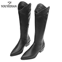 Женские роскошные высокие сапоги теплые зимние сапоги до колена женская кожаная повседневная обувь с острым носком на низком каблуке botines mujer tacon#107G30