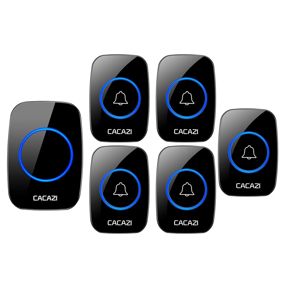 5 button 1 receiver Беспроводной дверной звонок CACAZI, водонепроницаемый, 3 батареи, передатчик, 1 приемник, США, ЕС, Великобритания, разъем AU, домашний беспроводной дверной звонок, 60 колокольчиков - Цвет: 5 button 1 receiver