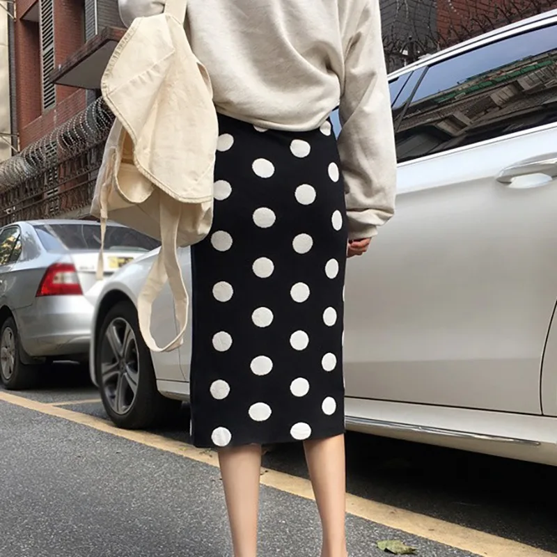 Autumn Winter New Dot Pattern Knit Straight Skirt Fashion Slim High Waist Women Bodycon Skirt