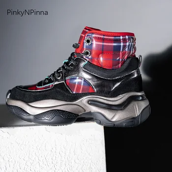 

new arrival cool women high top sneakers shining genuine leather platform flat super cool gingham winter outdoor training shoes