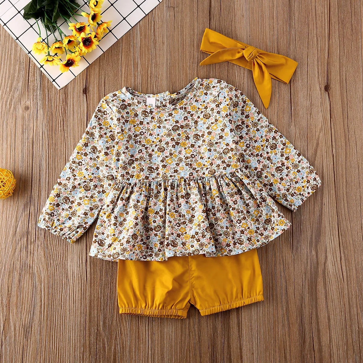 Emmababy, 3 предмета, для новорожденных, для маленьких девочек, с цветочным принтом, топы с длинными рукавами, платье+ однотонные короткие штаны, одежда