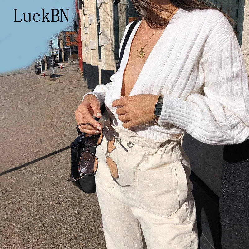 LuckBN новые весенние осенние свитера женская одежда однобортный Кардиган с v-образным вырезом и рукавами-фонариками Повседневный женский свитер
