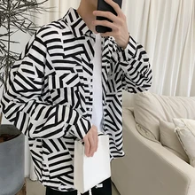 Осеннее новое платье рубашка мужская мода полоски контрастного цвета рубашка мужская уличная хип-хоп Свободная рубашка с длинными рукавами мужская одежда