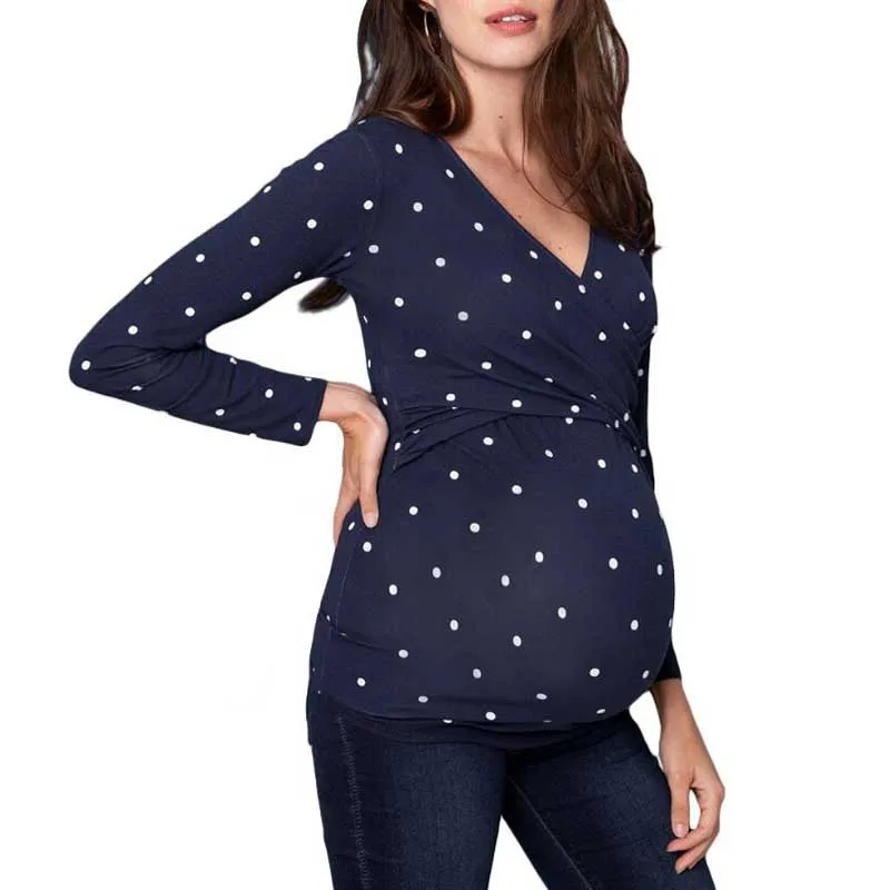 Одежда для беременных кормящих женщин с принтом для беременных кормящих женщин с v-образным вырезом крест кормящих топ с длинным рукавом Одежда для кормления грудью беременность футболка - Цвет: navy dot