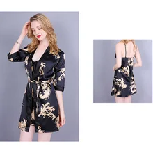 Модные новые шелковые халаты с принтом женские пижамы Повседневная дышащая ночная рубашка платье два комплекта