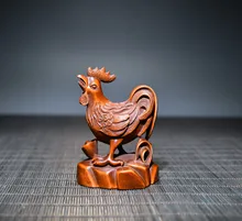 

3" Chinese Folk Collection Seikos Small Leaf Boxwood Ingots rooster statue good luck Gather fortune office ornament Town house