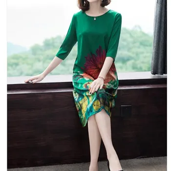 

Short Sleeve Silk A-line Vintage Dress 2020 New Summer O Neck Print Loose Dress Elastic waist Slim Large Dresses