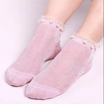 

Thin Bead Gauze Transparent Socks Glitter Shiny Pearl Socks Mesh Ultrathin Glass Silky Faux Pearl Short Ankle Socks Shiny