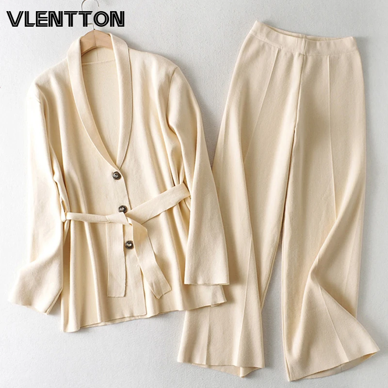 

Autumn Women Knit 2 Piece Set Solid Sashes Cardigan Sweater Coat+Wide Leg Pants Suits Casual Jacket Trousers Outfits Female Tops