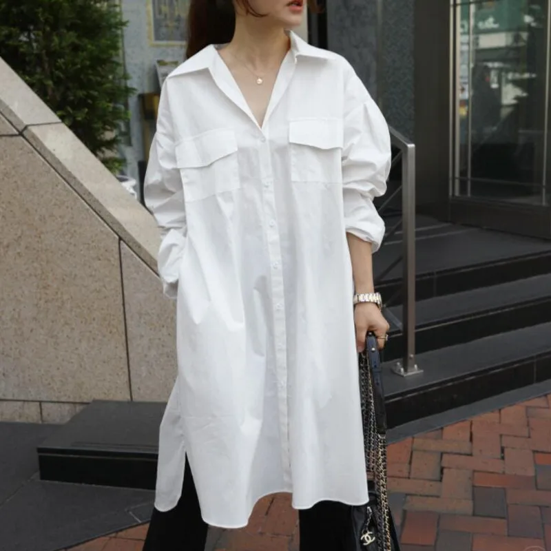

LANMREM White Lapel Long Sleeve Single-breasted Drawstring Waist Plus Woman Dress Casual Simple Fashion 2019 Autumn New TD154