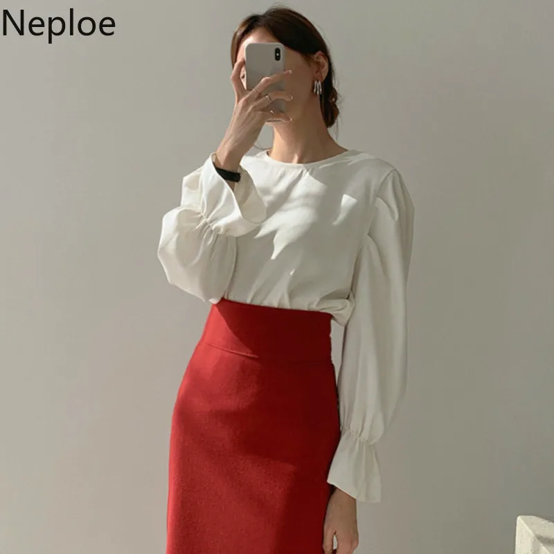 Neploe шикарный пуловер с круглым вырезом, расклешенная блуза с длинным рукавом, однотонная плиссированная Праздничная пляжная блуза, осень-весна, новая рубашка, базовая 48109