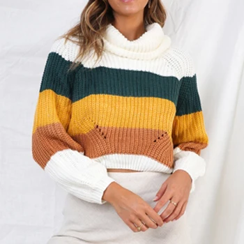 

Turtleneck Sweater Knitted PulloversWomen 2019 Autumn Winter Warm Fashion Rainbow Patchwork Sweater Loose Jumper Female Clothes