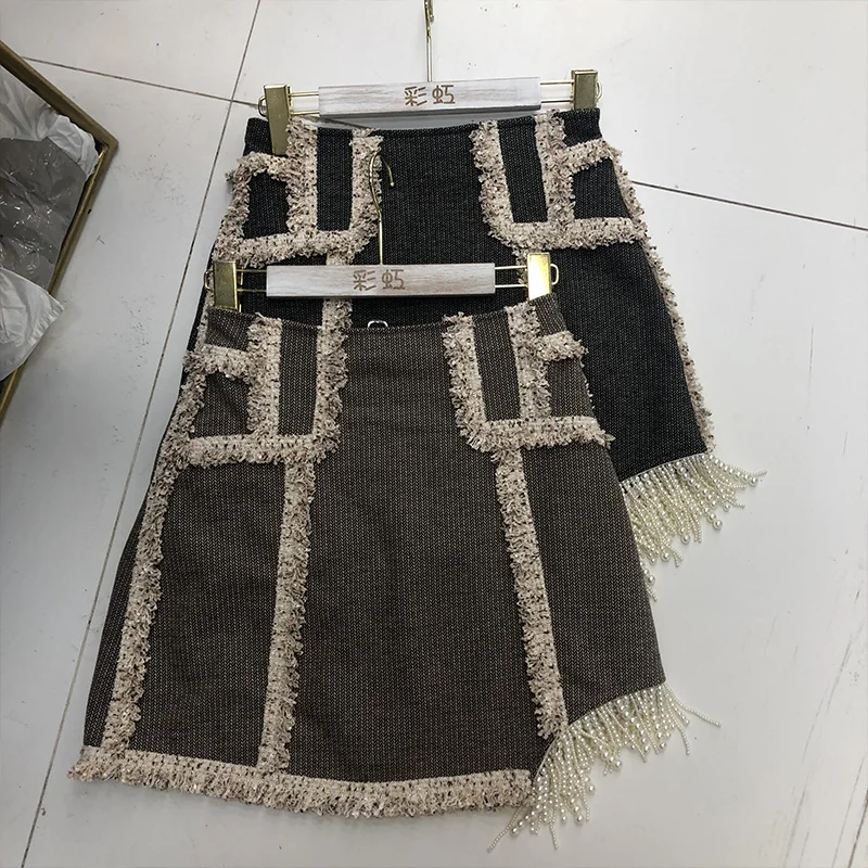 

Autumn Winter Pearl Skirt Women New Temperament Pearl Fringed Bust Mini Skirt Skinny Hip Skirts Falda Mujer