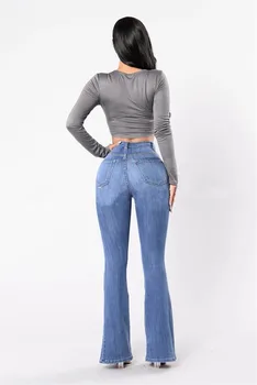 

High Waist Button Elastic Jeans Women Spring Plus Size Strong Stretch Flare Full Jeans For Lady Blue Bottom