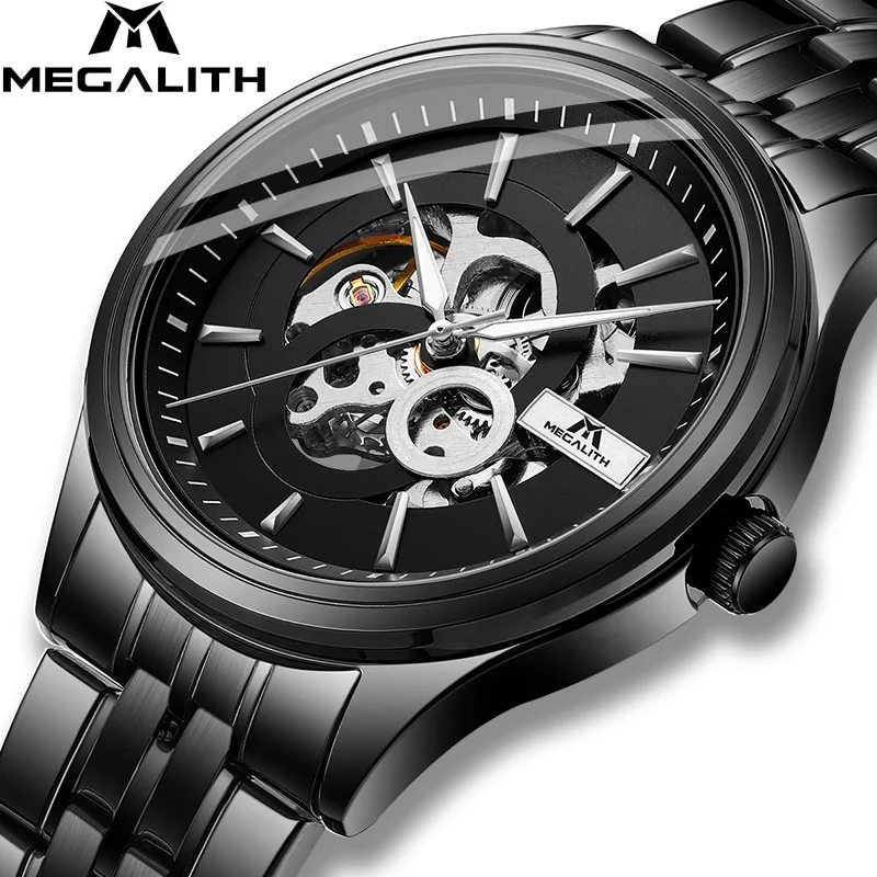 

MEGALITH Men Watches For Male Relogio Masculino AutomáTico Mechanical Watch High Quality Black Stainless Steel Strap 8079