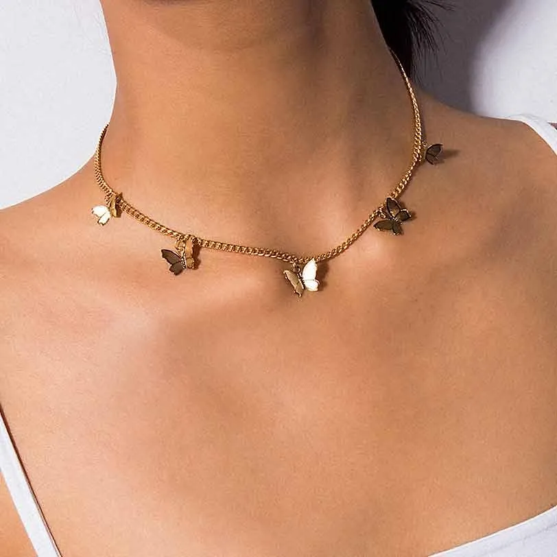 

necklace women jewelry chain necklace gold choker long fashion Metal alloy butterfly Pendant Silver statement Necklaces Gift