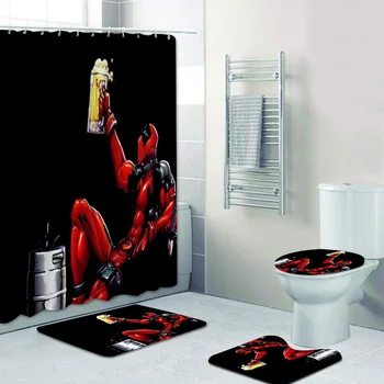 

Funny Deadpool with Beer Shower Curtain Deadpool Bath Curtains for Bathroom Accessories Decor Toilet Bath Mats Rugs Set 180x200