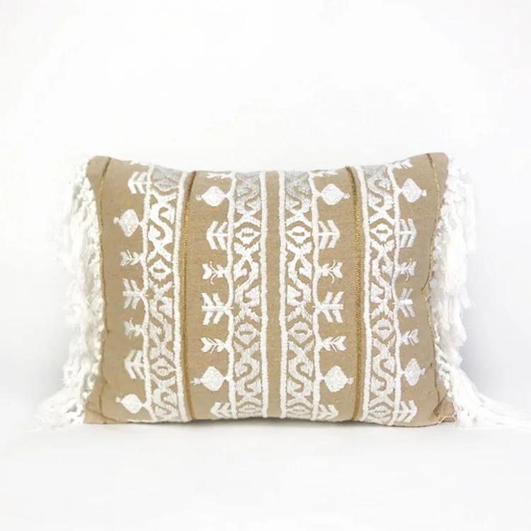 Linen Embroidery Cushion Cover Boho Plain Ethical Floral Pillow Case with Tassels For Sofa Seat Simple Home Decor
