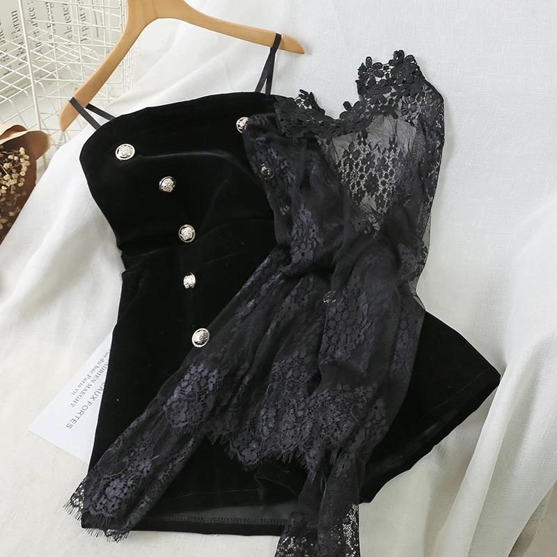 two piece set Женский костюм в британском ретро стиле, новинка, сексуальная прозрачная сетчатая кружевная рубашка и бархатный комбинезон на бретельках, Модный комплект из двух предметов - Цвет: two piece set