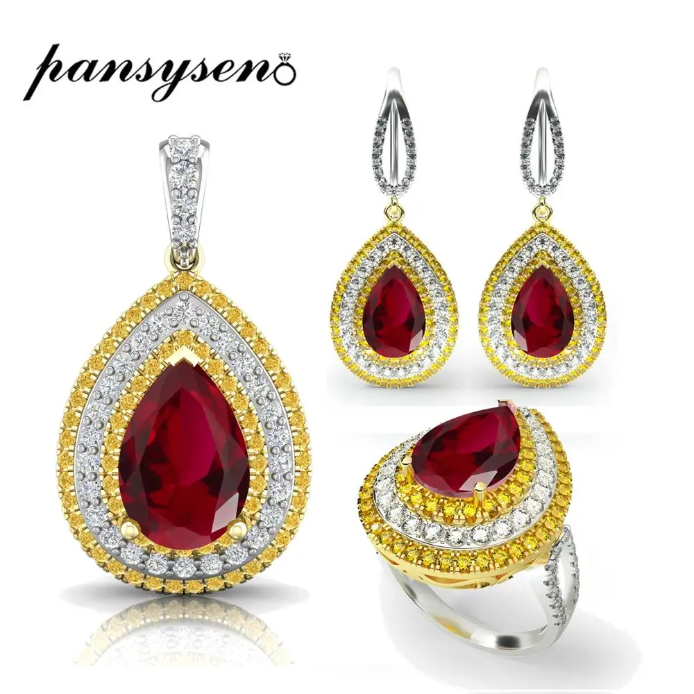 

PANSYSEN Exquisite 925 Sterling Silver Water Drop Red Ruby Necklace Earrings Ring Jewelry Sets Women's Wedding Jewelry Set Gift
