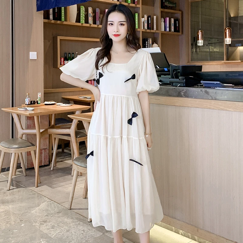 Plus Size Maternity Summer Clothes Fashion Long Loose Dress Short Sleeve Square Collar Pregnant Women Pleated Dress With Bowknot