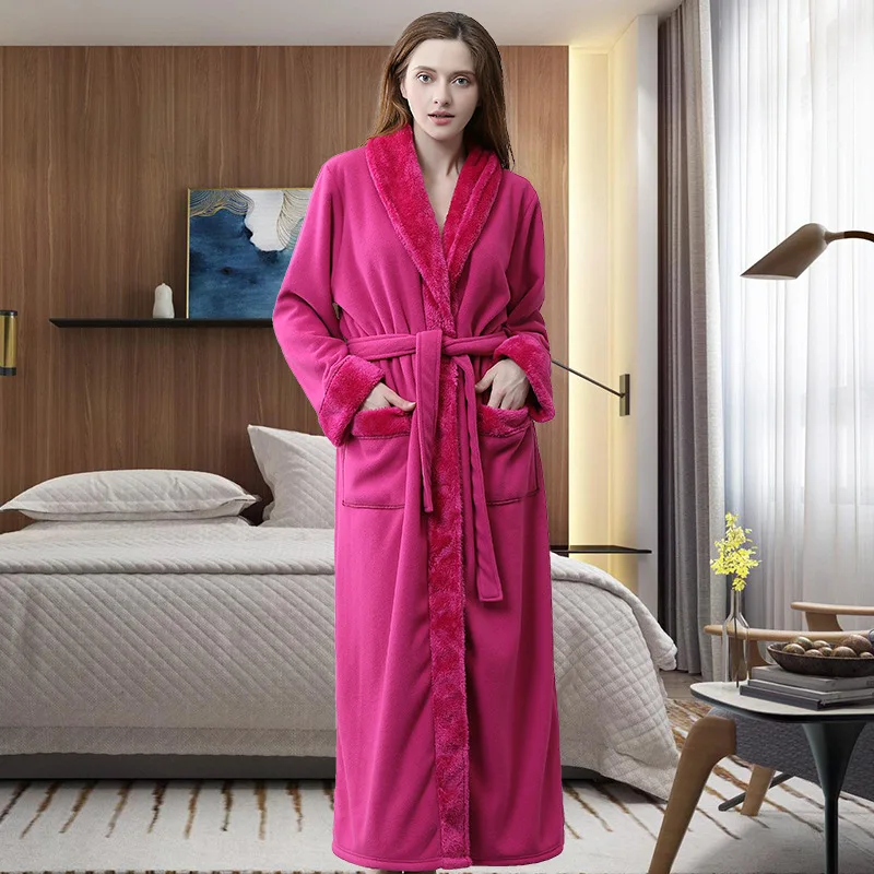 Double Thick Padded Color Bathrobe Female Winter Style Long Yukata Men's Nightgown Couple Flannel Pajamas Home Service A800