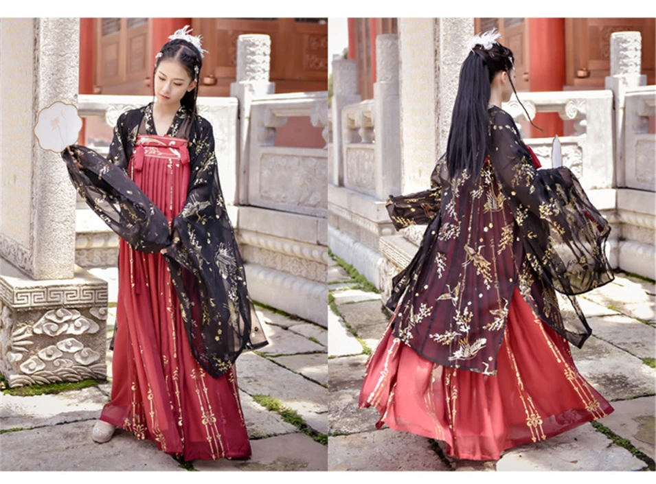 Старинное нарядное традиционное торжественное платье принцессы Hanfu для женщин и девочек; комплект из топа с принтом золотого журавля и красной юбки в стиле ретро для народных танцев