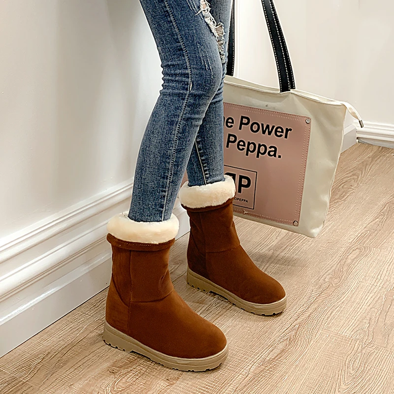 Lloprost ke Suede Round Toe Winter Boots Flat with Slip-On Snow Boots Velvet Mid-Calf Women Shoes Solid Sewing Black Brown Boots