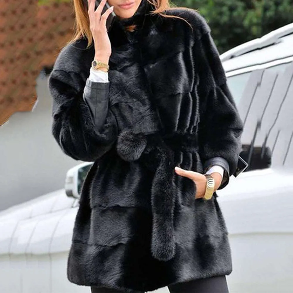 Retro Faux Fur Overcoat Women New Winter Warm Fluffy Sashes Plus Size Gray Jacket Coat Elegant Causal Outwear 4XL Black - Цвет: Черный